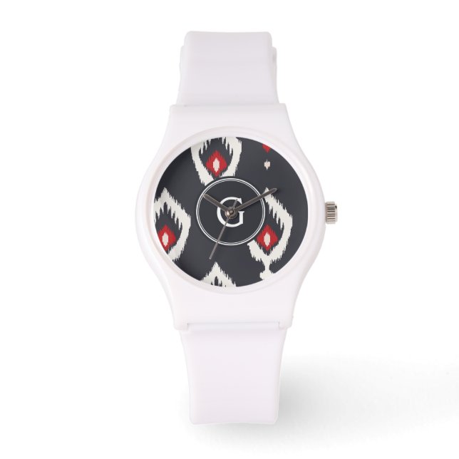 Montre Monogramme tribal chic de motif d'ikat noir et (Recto)