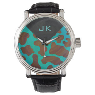 Montre Monogramme Vache Impression Brown et Turquoise