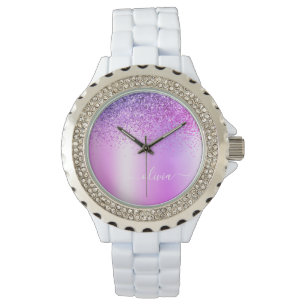 Montre Monogramme Violet Pailleté Scintillant Écriture Fé