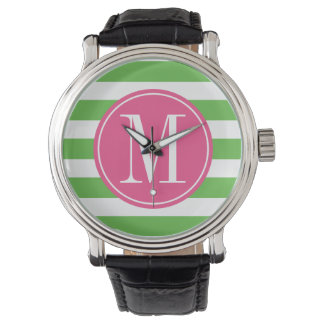 Montre Monogrammes personnalisés avec bandes rose et vert