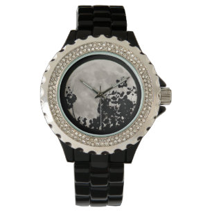 Montre Montre-poignet lune avec feuilles noirs