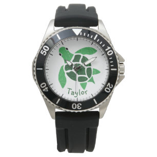 Montre Mosaïque Jade Green Sea Turtle avec nom