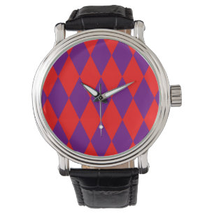 Montre Motif à carreaux Harlequin rouge et violet
