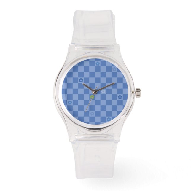 Montre Motif à fleurs à carreaux n° 01 - Bleu clair (Recto)