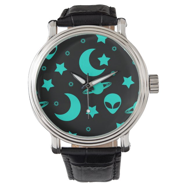 Montre Motif Alien turquoise avec étoiles et lunes (devant)