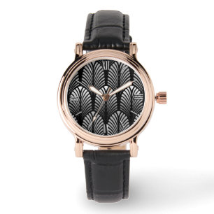 Montre Motif Art Déco en plumes, gris argenté et noir