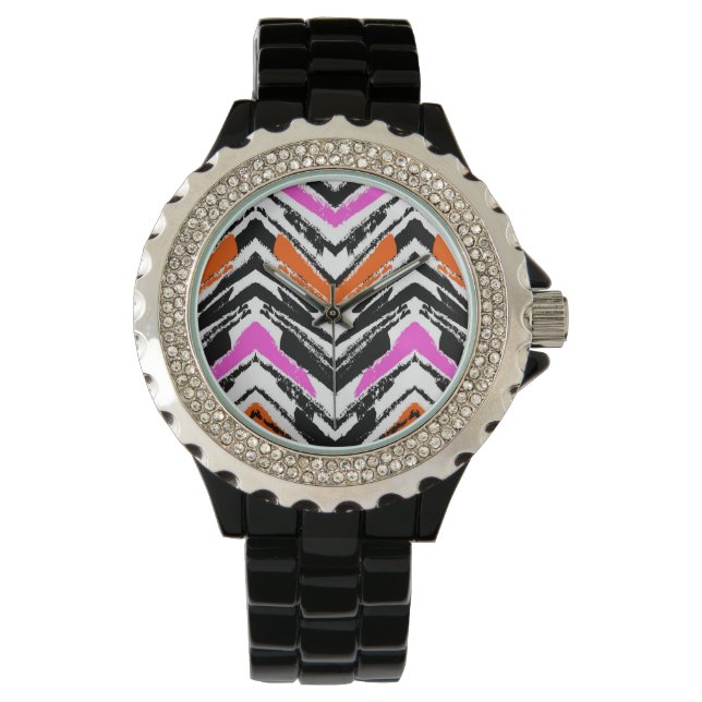 Montre Motif Chevron Noir, Orange Et Rose (devant)