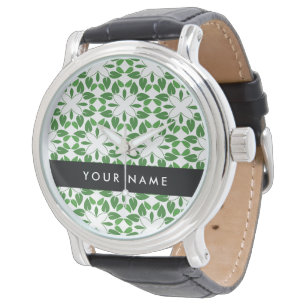 Montre Motif de feuille, feuilles vertes, votre nom