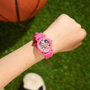 Montre Motif de fleurs et de feuilles rose gras