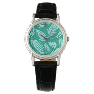 Montre Motif de fougère de bois, turquoise et aqua