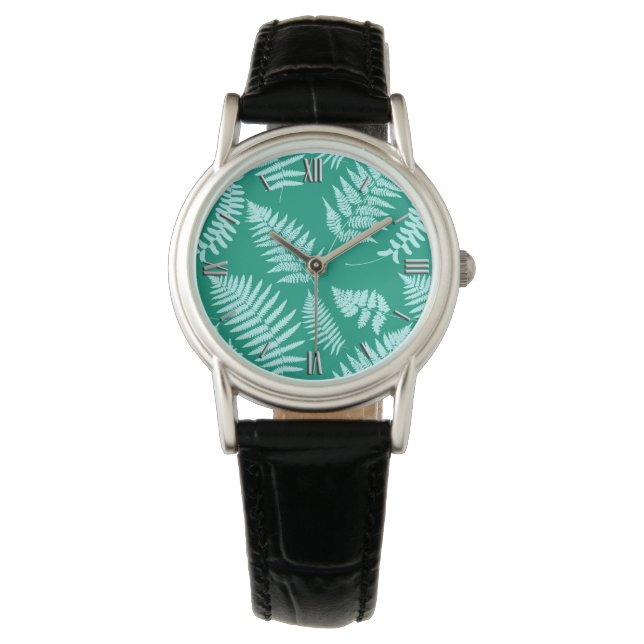 Montre Motif de fougères boisées, Turquoise et Aqua (devant)