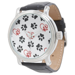 Montre Motif de pattes, pattes noires, pattes rouges, cœu