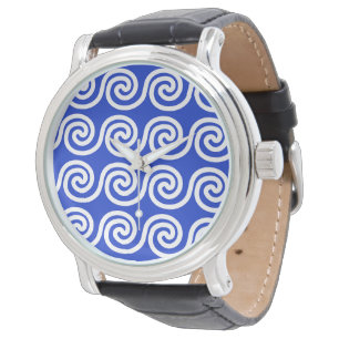 Montre Motif de vagues de clé Méandre grec bleu