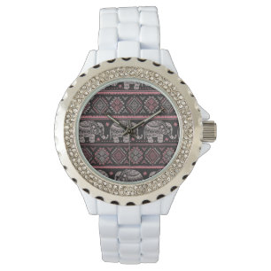 Montre Motif d'éléphant ethnique noir