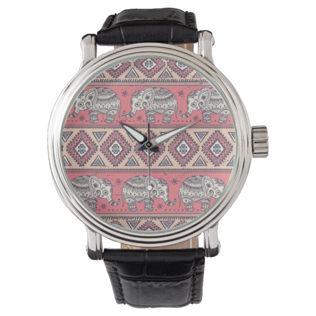 Montre Motif d'éléphant ethnique rose (devant)