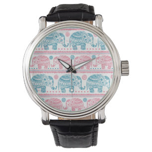 Montre Motif d'éléphants ethniques rose et Turquoise