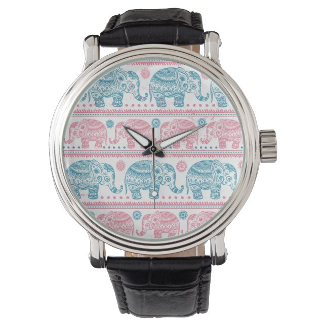Montre Motif d'éléphants ethniques rose et Turquoise (devant)