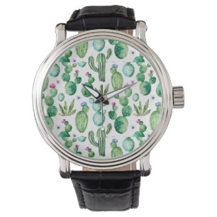 Montre Motif d'usines de cactus d'aquarelle