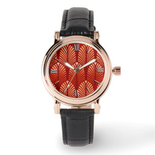 Montre Motif en plumes Art Déco, Mandarin Orange