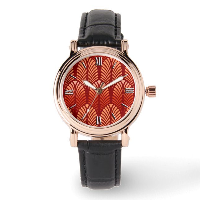 Montre Motif en plumes Art Déco, Mandarin Orange (Recto)