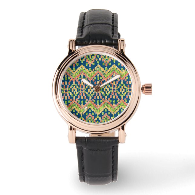 Montre Motif ethnique branché Ikat sur bleu (Recto)