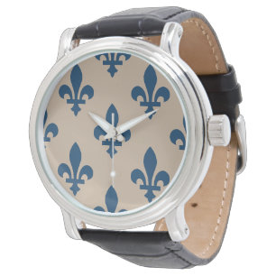 Montre Motif Fleur de Lis, Bleu Royal Français sur Crème