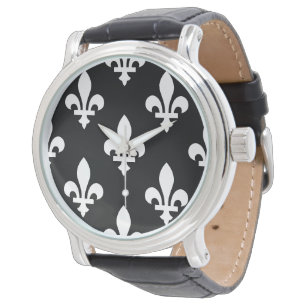Montre Motif Fleur de Lis, Royal Français, Blanc sur Noir