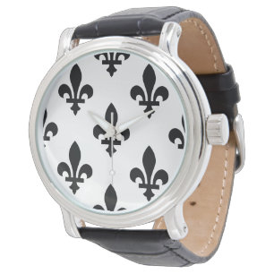Montre Motif Fleur de Lis, Royal Français, Noir sur Blanc