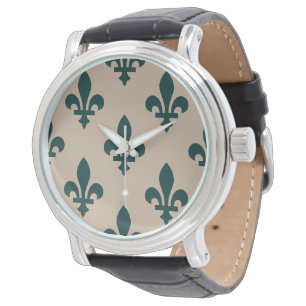 Montre Motif Fleur de Lis, Vert Royal Français sur Crème