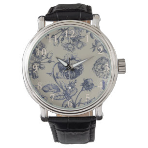 Montre Motif floral botanique toile bleue vintage antique