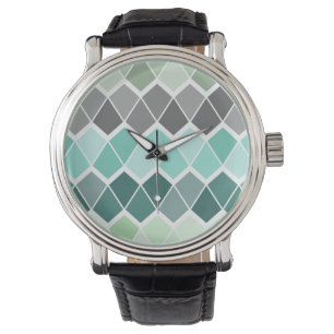 Montre - Motif géométrique bleu, gris vert et blan