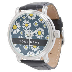 Montre Motif marguerite, marguerites blanches, Votre Nom