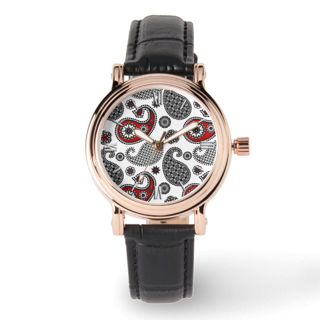 Montre Motif Paisley, noir, blanc et rouge (Recto)