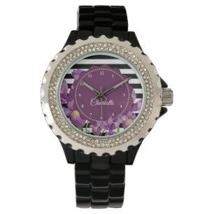Montre Motif rayures noir blanc Iris violet aquarelle