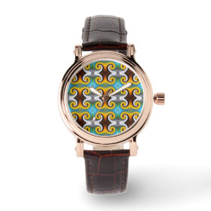 Montre Motif rétro tendance en jaune, bleu, marron, blanc