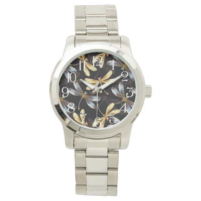 Montre Motif sans couture avec libellules d'or (devant)