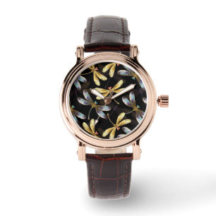Montre Motif sans couture avec libellules d'or
