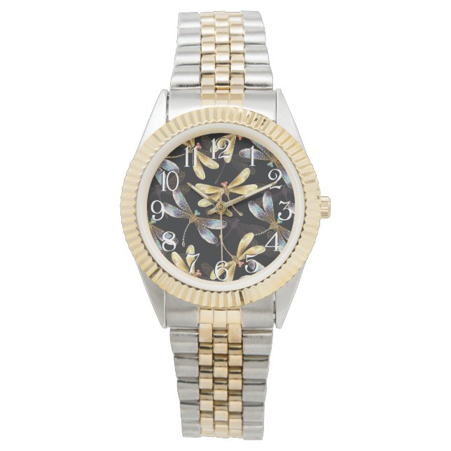 Montre Motif sans couture avec libellules d'or (devant)
