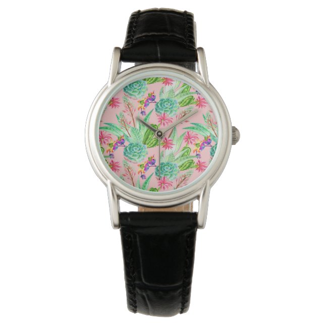 Montre Motif Succulent de l'aquarelle en floraison (devant)