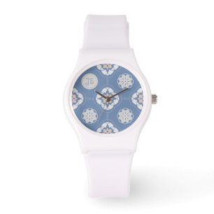 Montre Motif symétrique à carreaux orange sur bleu