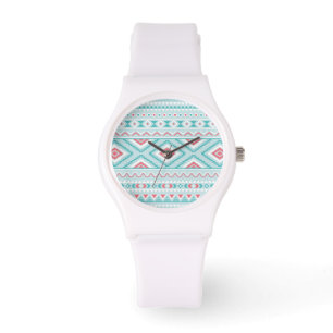 Montre Motif tribal aztèque turquoise et rose