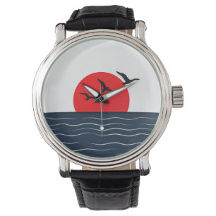 Montre Mouettes sur Soleil Rouge avec Océan