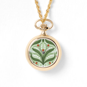 Montre Muguet et coccinelles symétrie en vert,