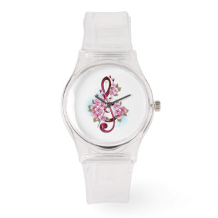 Montre Musical treble clef notes with sakura flowers