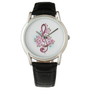 Montre Musical treble clef notes with sakura flowers
