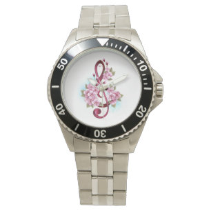 Montre Musical treble clef notes with sakura flowers