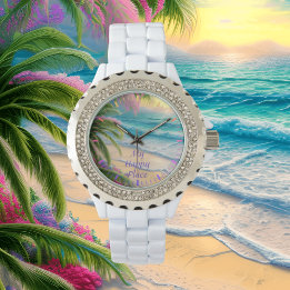 Montre My Happy Place Beach Rhinestone en blanc