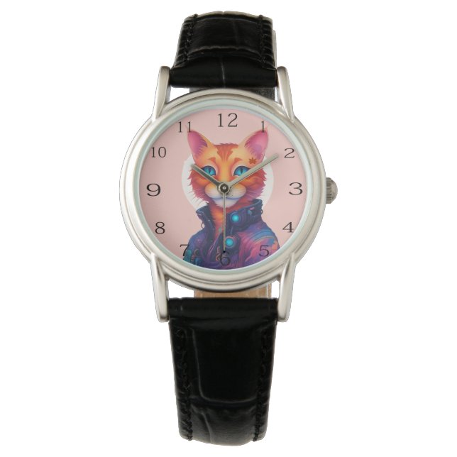 Montre "Neon Paws : The Ginger, Blue Eyed Cyberpunk Cat" (devant)