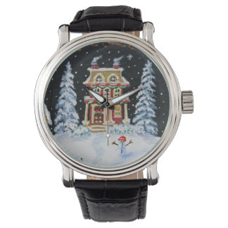 Montre Noël, hiver, montre, neige, maison, neige, étoiles