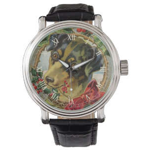 Montre Noël vintage, chiot teckel avec houx